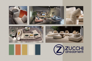 Soggiorno moderno 2026 arredato con divano modulare, tavolino in legno e complementi in terracotta – Zucchi Arredamenti Milano Cornaredo